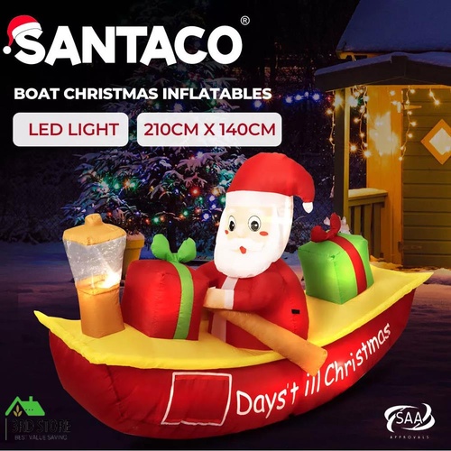 Santaco Christmas Inflatable Santa Clau Boat 2.1M Xmas Outdoor Decor LED Lights
