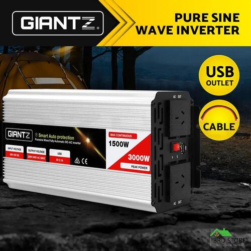 Giantz Power Inverter 12V to 240V 1500W/3000W Pure Sine Wave Camping Car Boat