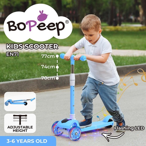 Bopeep Kids Scooter Foldable Height Flashing LED Light Music 3 Wheels BLUE