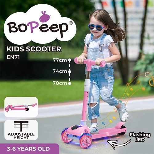 Bopeep Foldable Kids Scooter Adjustable Height Flashing LED Music 3 Wheels Pink