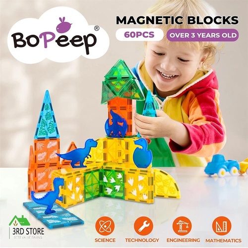 Bopeep Magnetic Tiles Blocks Dinosaur Toys Building Play for Kids STEM 60Pcs