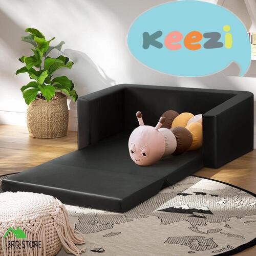 Keezi Kids Convertible Sofa 2 Seater Black PU Leather Children Couch Lounger