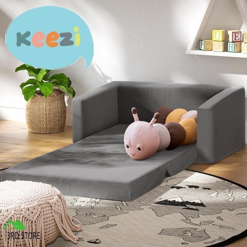Keezi Kids Convertible Sofa 2 Seater Children Flip Open Couch Lounger Grey