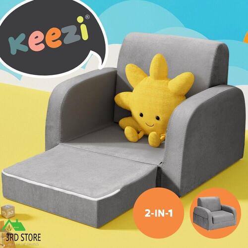 Keezi Kids Sofa 2 Seater Children Flip Open Couch Lounger Armchair Soft Grey