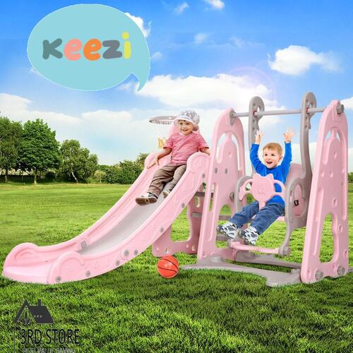 Keezi Kids Slide Swing Outdoor Playground Basketball Hoop Playset Indoor Pink