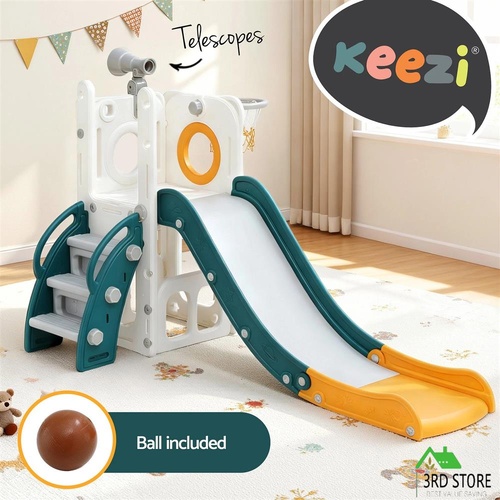 Keezi Kids Slide Set Basketball Hoop Outdoor Playground Outdoor Toys Telescope Storage