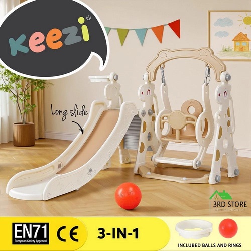 Keezi Kids Slide Swing Set Basketball Hoop Outdoor Playground Toys 160cm Beige