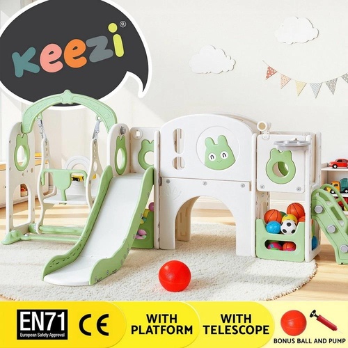 Keezi Kids Slide Swing Set Basketball Hoop Ring Football Outdoor Toys 140cm Green
