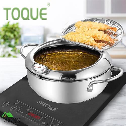 TOQUE 24cm Japanese Deep Frying Pan Pot Thermometer Kitchen Tempura Fryer Silver