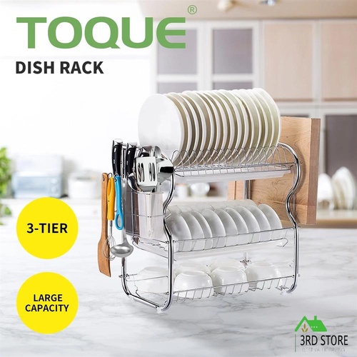 TOQUE Dish Drying Rack Kitchen Plate Cup Holder Cutlery Drainer Tray Rack 3 Tier