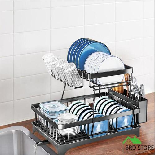 TOQUE Detachable Dish Drying Rack Cutlery Organizer Drainer Board  2 Tier Black
