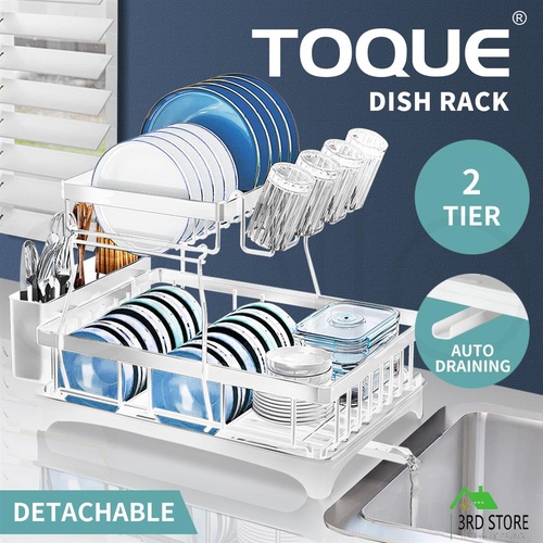 TOQUE Detachable Dish Drying Rack Cutlery Organizer Drainer Board  2 Tier White
