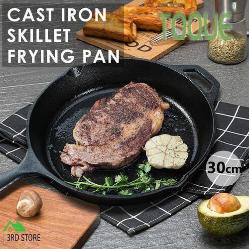 TOQUE Non Stick Frying Pan Cast Iron Steak Skillet Round BBQ Grill Cookware 30cm