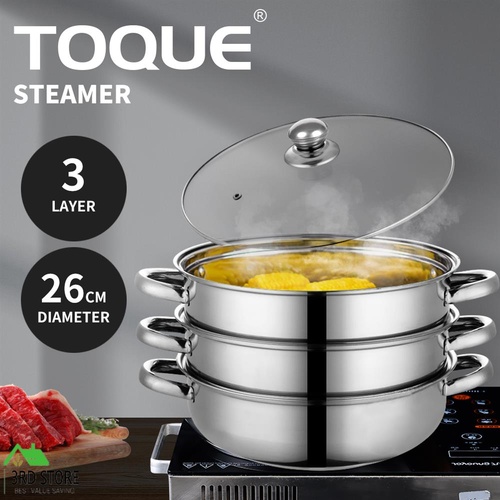 RETURNs TOQUE Stainless Steel Steamer Meat Vegetable Cookware Kitchen Pot Tool 3 Tier