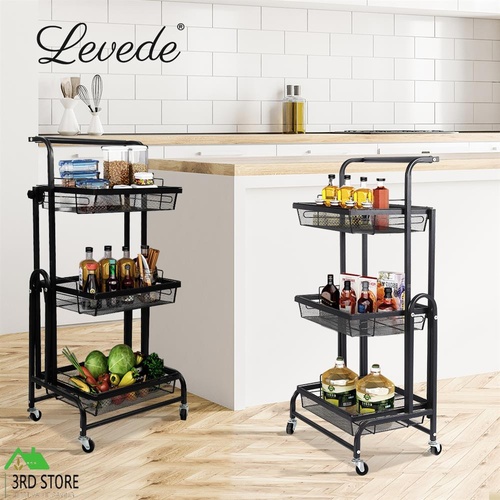 Levede Kitchen Trolley Cart 3 Tiers 180° Swivel Storage Shelf Organiser Rack