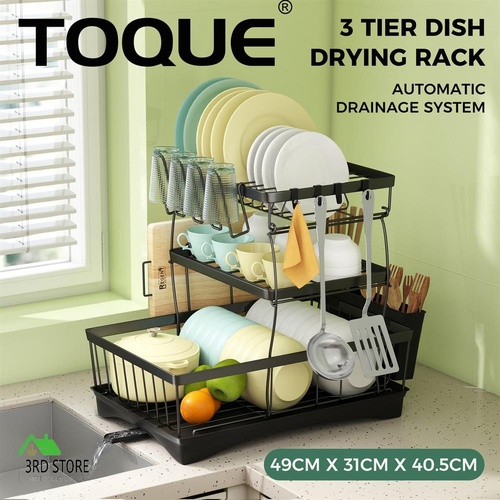 Toque Dish Drying Rack 3 Tier Plate Cup Drainer Cutlery Holder Kitchen Organizer