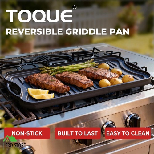 Toque 50.5cm Reversible Cast Iron Griddle Plate Non-Stick Grill Skillet Kitchen
