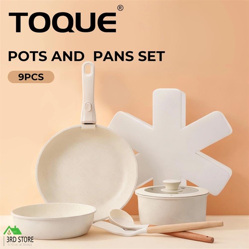 Toque 9-Piece Non Stick Cookware Set Kitchen Stackable Pots Fry Pan White