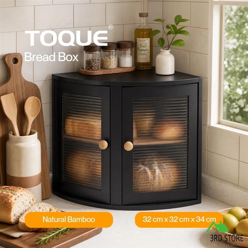 Toque Corner Bread Box 2 Tier Bamboo Bread Bin Kitchen Countertop Storage Black