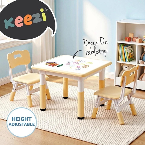 Keezi Kids Table and 2 Chairs Set Height Adjustable Toddler Desk and Chair Set for Ages 3-8, Activity Table with Graffiti Desktop for Learning Drawing