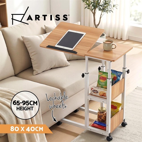 Artiss 3 Tier Adjustable Laptop Desk Tiltable Mobile Side Table Wheels Oak