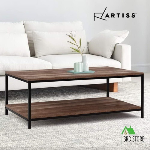 Artiss Coffee Table Wooden Rustic Vintage Storage Shelf Metal Frame Black