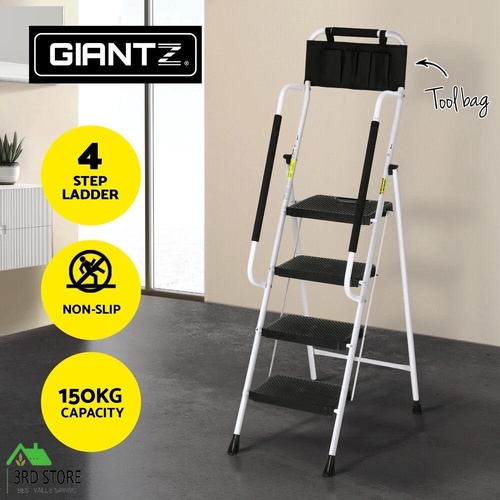 Giantz 4 Step Ladder Multi-Purpose Folding Steel Platform Tool Bag Handrails