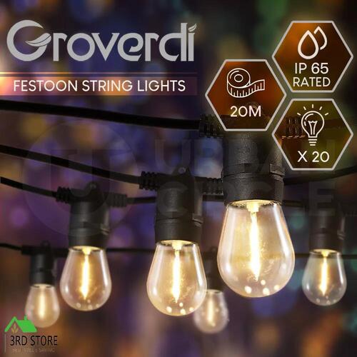 Groverdi 20M LED Festoon String Lights Party Garden Lighting Decor Waterproof