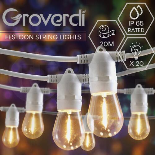 Groverdi 20M String Lights LED Festoon Light Outdoor Garden Party Waterproof