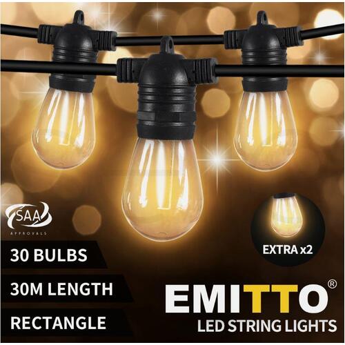 EMITTO 30M Festoon String Lights Xmas Wedding Party Waterproof Garden Outdoor
