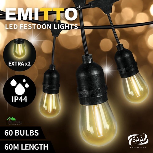 RETURNs EMITTO 60M Festoon String Lights Xmas Wedding Party Waterproof Garden Outdoor