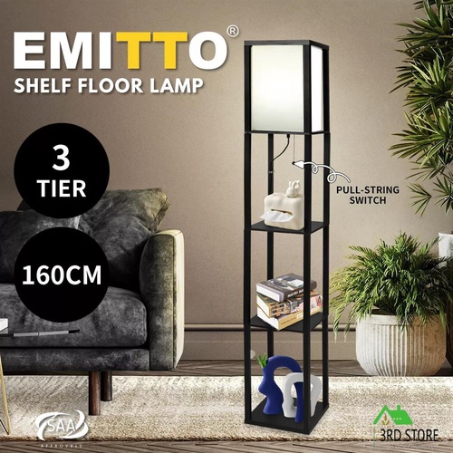 EMITTO Floor Lamp Storage Shelf LED Wood Standing Reading Corner Light Black