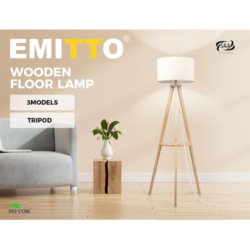 EMITTO Tripod Floor Lamp with Rack Wooden Modern Reading Light Night Home Decor