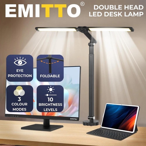 Emitto LED Desk Study Lamp Clamp Dimmable Adjustable Double Head Reading Light