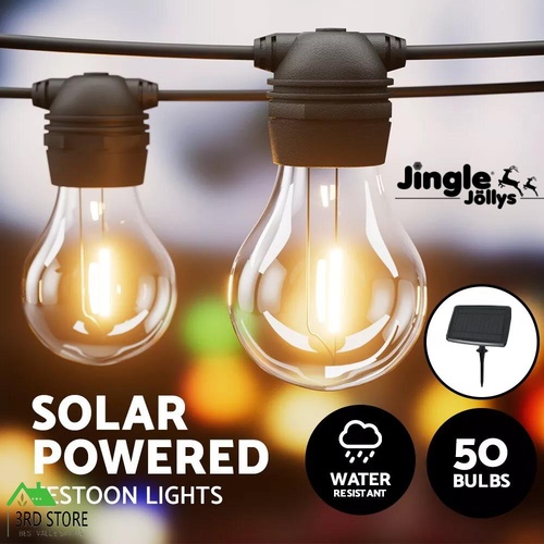 Jingle Jollys 50m Festoon Lights Solar LED String Light Outdoor Christmas Party