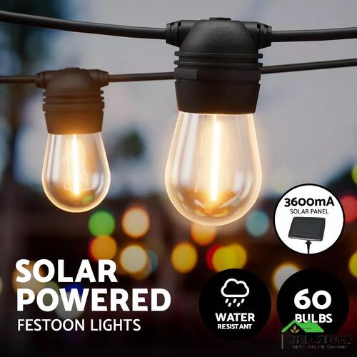 Jingle Jollys 59m Solar Festoon Lights Outdoor LED Fairy String Light Christmas