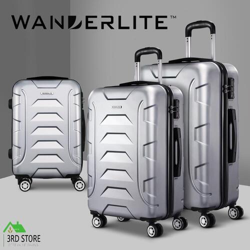 Wanderlite 3pc Luggage Sets Suitcases Trolley TSA Silver Hard Case Lightweight