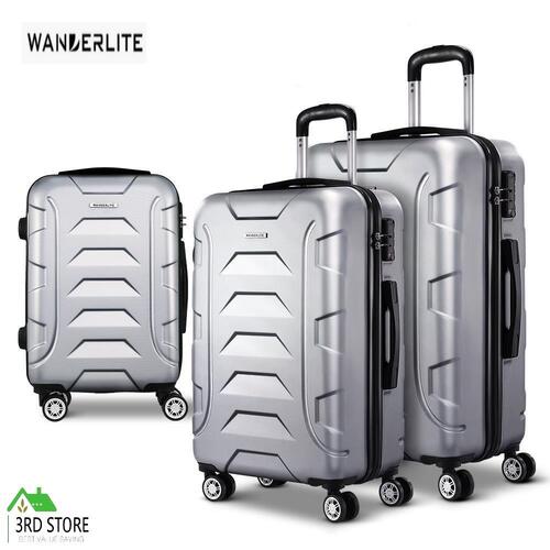 Wanderlite 3pc Luggage Sets Suitcases Trolley TSA Silver Hard Case Lightweight