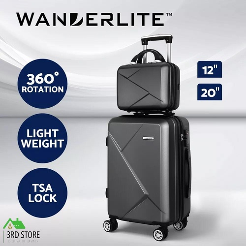 Wanderlite 2pc Luggage 12" 20" Trolley Travel Suitcase Storage Carry On TSA Lock Black