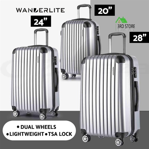 Wanderlite 3 Piece Lightweight Hard Suit Case Luggage Silver 20" 24" 28" Set