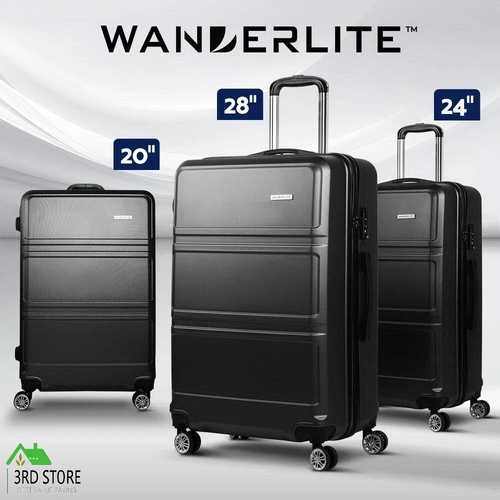 Wanderlite Luggage Sets Suitcase 3pc Trolley Set TSA Hard Case Lightweight Black