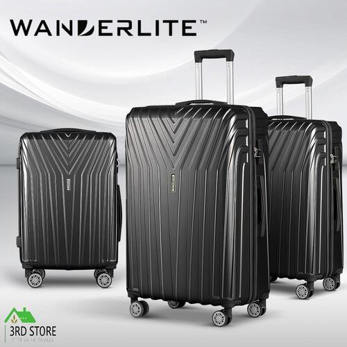 Wanderlite 3pc Luggage 20'' 24'' 28'' Trolley Suitcase Sets Travel TSA Hard Case Lightweight Black