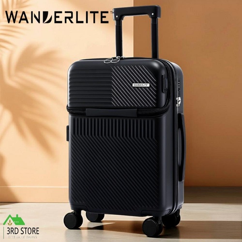 Wanderlite 20" Luggage Suitcase Front Pocket Travel Carry On TSA Black