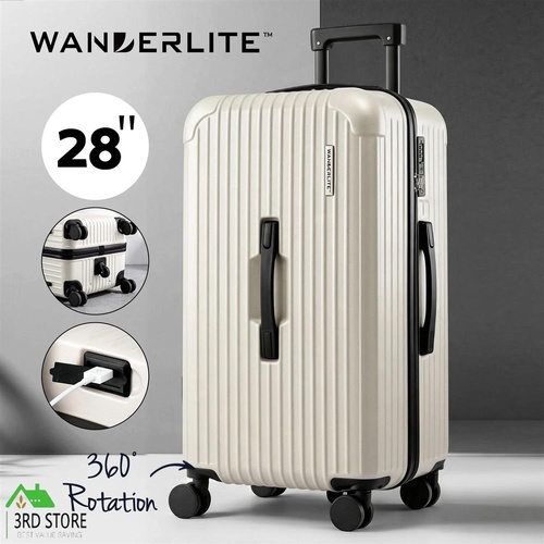 Wanderlite 28" Trunk Luggage Suitcase Travel 5 Wheels Type-C Port TSA Smoky White
