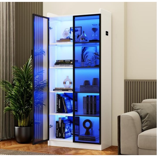 Dystler Bookcase with 2 Doors & Adjustable Shelves, Tall Storage Cabinet with LE