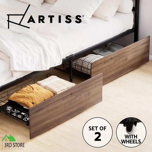 Artiss 2x Trundle Drawers for Metal Bed Frame Storage with Wheels Balck & Walnut