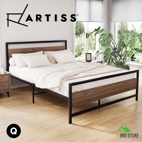 Artiss Bed Frame Metal Bed Base Queen Size Platform Wooden Headboard Black DREW