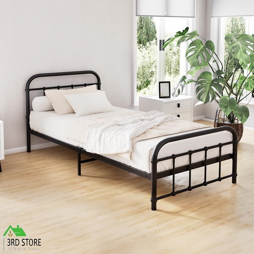 Metal Bed Frame Single Size Platform Foundation Mattress Base Leo Black