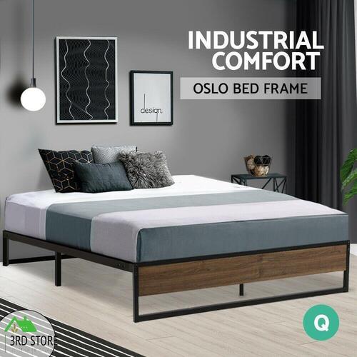 Metal Bed Frame Queen Size Mattress Base Platform Foundation Wooden Black OSLO