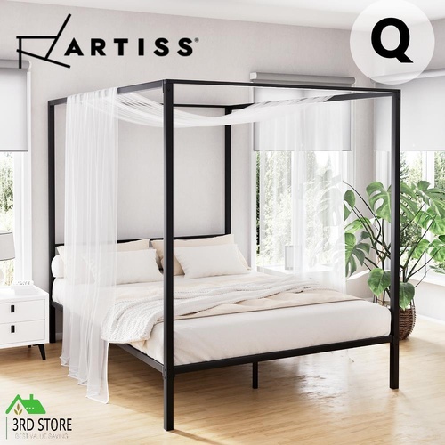 Artiss Bed Frame Metal Four-poster Platform Base Queen Size Black POCHY